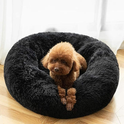 HACHIKITTY Calming Donut Cuddler Dog Bed, Round Fluffy Pet Bed for Small Dogs,Washable, Large, Black, 24''