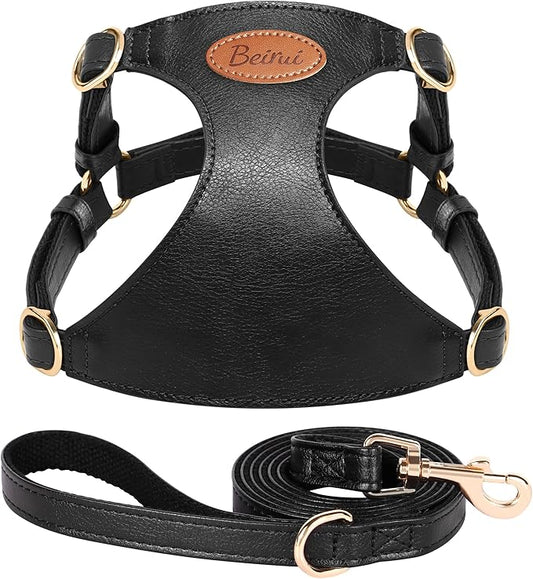 Beirui ‌Stylish PU Leather Dog Harness‌ and Leash Set for Small Dogs, ‌Adjustable Step in Dog Vest Harness with Breathable Mesh Lining and Durable Metal Buckle for Walking Traveling(Black,M)