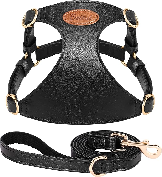 Beirui ‌Stylish PU Leather Dog Harness‌ and Leash Set for Small Dogs, ‌Adjustable Step in Puppy Harness with Breathable Mesh Lining and Durable Metal Buckle for Walking Traveling(Black,XS)
