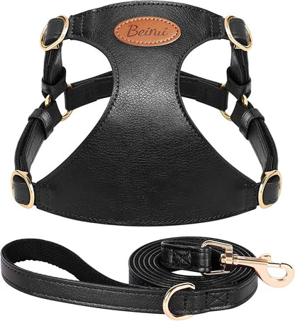 Beirui ‌Stylish PU Leather Dog Harness‌ and Leash Set for Small Dogs, ‌Adjustable Step in Puppy Harness with Breathable Mesh Lining and Durable Metal Buckle for Walking Traveling(Black,XS)