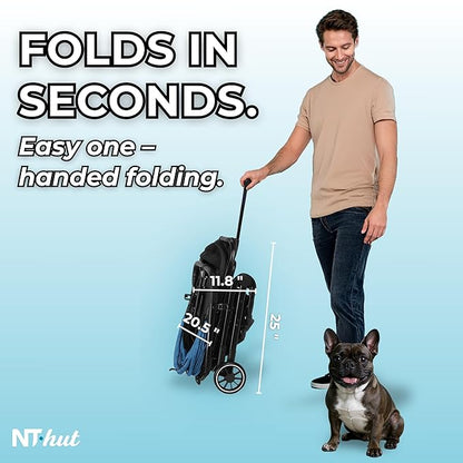 Dog Stroller for Small Medium Dogs & Cats Up to 50 lbs – NTHUT WagZee Foldable Pet Stroller with 360° Mesh Windows, One-Click Fold, Reflective Trim, Storage Basket & Cup Holder (Black Teal)