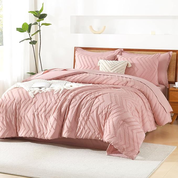 Litanika Blush Pink King Size Comforter Set with Sheets - 7 Pieces Bed in a Bag King Boho Tufted Complete Bedding Sets with Comforter, Sheets, Pillowcases & Shams