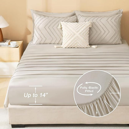 Litanika Comforter Full Size Set with Sheets Beige - 7 Pieces Bed in a Bag Full Chevron Tufted Complete Bedding Sets with Comforter, Sheets, Pillowcases & Shams