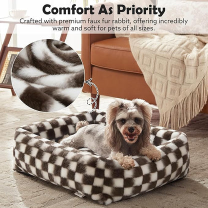 JOEJOY Small Dog Bed for Small Dogs, Removable Washable Cover Orthopedic Soft Faux Rabbit Fur Pet Bed, Anti-Slip Fluffy Plush Puppy Bed, 20"x19"x6", Checkered, Brown