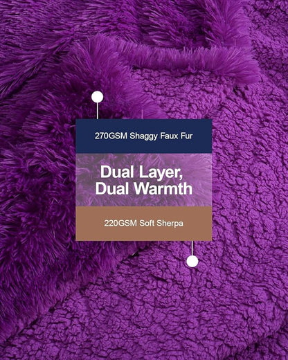 Pawque Faux Fur Blankets Twin Size 60x80 Inches, Soft Fuzzy Fluffy Blanket, Warm Thick Sherpa Long Hair Shag Reversible Lightweight Cozy Throw for Bedroom Sofa Couch, Purple