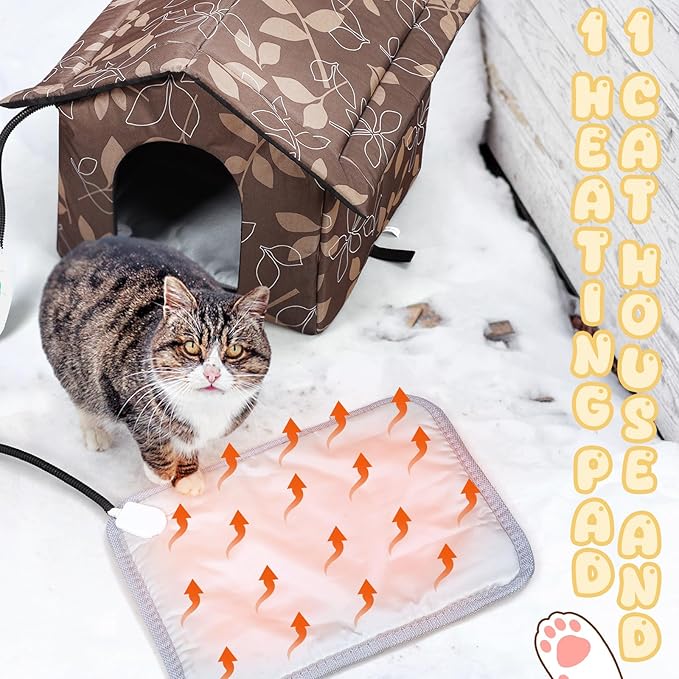 Beeveer Outdoor Heated Cat House Set Weatherproof Enclosures Insulated Cat Shelter with Heating Pad Foldable Indoor Pet Cave with Tent Stakes for Pet Winter Outside