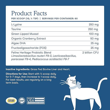 Fera Pets Wellness Blend - Cat Health Supplement with Feline-Specific Probiotics, Taurine and Lysine - Promotes Healthy Joints, Immunity, Heart & Bladder -Powder - 60 Scoops