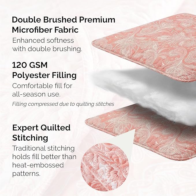 Southshore Fine Living, Inc. Paisley Quilt Queen Size Bedding Set, Summer Coverlet, Boho Bedspread, 3-Piece Farmhouse Bedding with Two Matching Pillow Shams, Full/Queen Bed Set, Reversible Coral