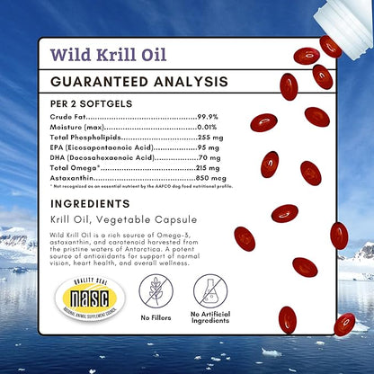 Wholistic Pet Organics Krill Oil for Dogs and Cats - Premium Antioxidant Support for Pets - Cat and Dog Skin and Coat Supplement with EPA, DHA, Astaxanthin - Omega 3 for Dogs and Cats - 200 Soft Gels