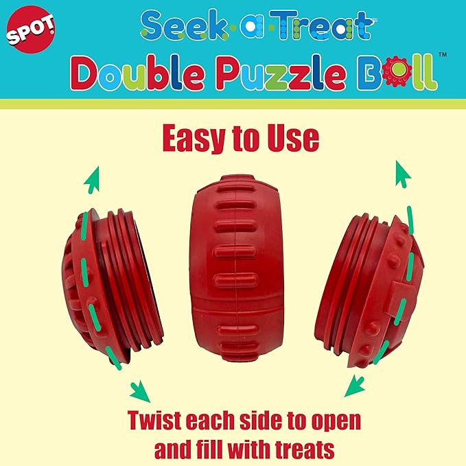 SPOT Seek-A-Treat Double Puzzle Ball Dog Toy, 3.25 in Durable Rubber Treat Dispenser with Dual Openings for Mental Stimulation & Long-Lasting Play, for Dogs up to 50 lbs