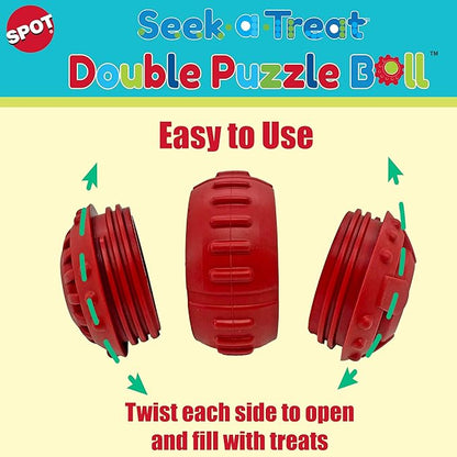 SPOT Seek-A-Treat Double Puzzle Ball Dog Toy, 3.25 in Durable Rubber Treat Dispenser with Dual Openings for Mental Stimulation & Long-Lasting Play, for Dogs up to 50 lbs