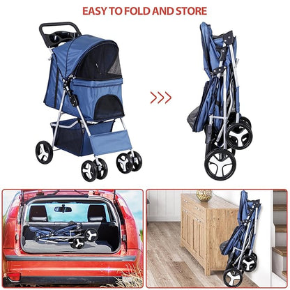 ZENY Foldable Pet Stroller, Cat/Dog Stroller with 4 Wheel, Pet Travel Carrier Strolling Cart with Storage Basket, Cup Holder (Navy Blue)