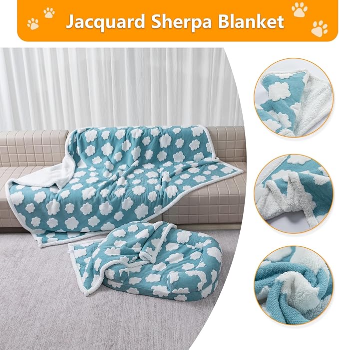 Waterproof Pet Blanket for Dogs,Blue Stylish Jacquard Pets Blankets for Cat 85x85in Bed Couch Covers Puppy Sharpa Fleece Cats Washable Reversible Furniture Protection (Blue Cloud,XXL)