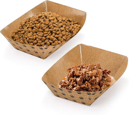 SOUJOY 100 Pack Disposable Pets Feeding Bowls, 2 lb Paper Travel Cat Food Bowl, Boat Foot Print Design Food Serving Trays for Wet and Dry Food, Small Dog Puppy, Cat