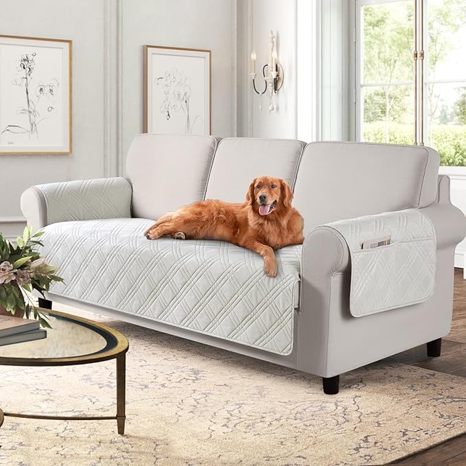 TAOCOCO Waterproof Couch Covers for Pets Dogs with Non Slip Backing, Sofa Seat Covers with Side Pocket for 3 Cushion Couch Washable Dog Couch Cover Protector Sofa Slipcovers(Sofa, Off White)