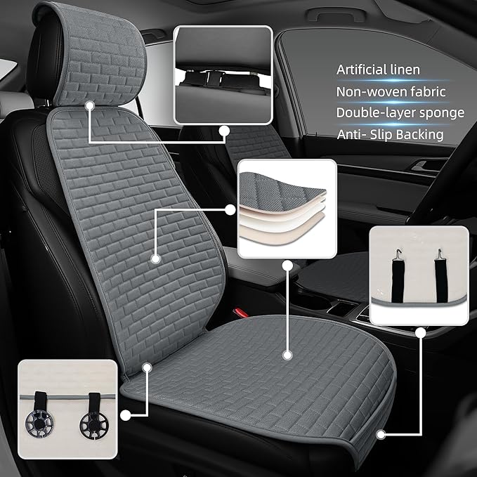Linen Car Seat Covers Front Seat Covers - 2 PCS Durable & Non-Slip Breathable Cloth Fabric Car Seat Protector, Universal Fit for Most Automotive, Vans, SUVs, Trucks - Dark Gray