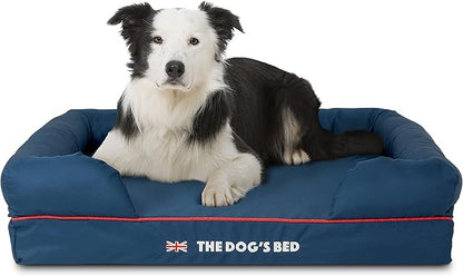The Dog’s Bed Orthopedic Memory Foam Dog Bed with Bolsters for Large Dogs, High Density Support Mattress, Low Front Entry, Removable Washable Cover, Oxford Fabric, Blue with Dark Red Trim, Large