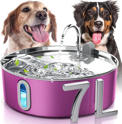 Smartoo Dog Water Fountain for Large Dogs 7L/236oz Stainless Steel Dog Water Bowl Dispenser Automatic Pet Water Fountain, Multi-Filtration Pet Fountain with Ultra-Quiet Pump (Pink)