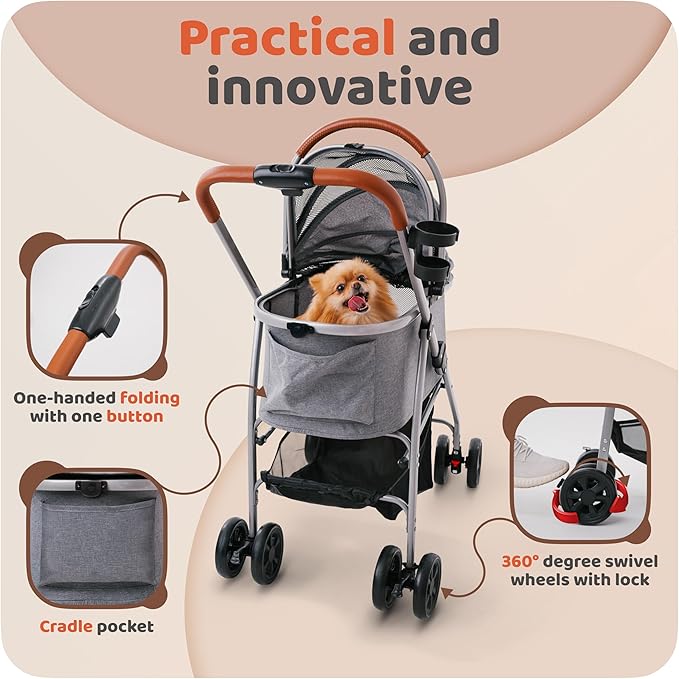 Pet Stroller for Small Medium Dogs & Cats – 2-in-1 Detachable Carrier, Zipperless Entry, Lightweight Folding Travel Stroller with Storage Basket, Cup Holder, Gray
