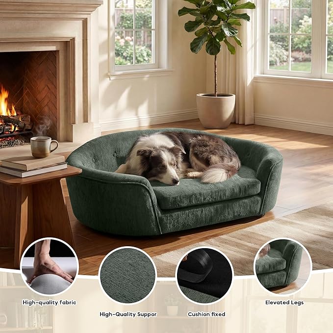 Dog Couch Bed with Oval Semi-Enclosed, Durable Linen Material Pet Sofa with Soft Foam Cushion, Dog Sofa Bed with Legs for Medium Dogs, Green