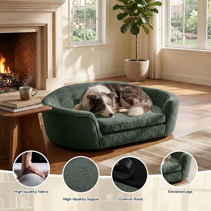 Dog Couch Bed with Oval Semi-Enclosed, Durable Linen Material Pet Sofa with Soft Foam Cushion, Dog Sofa Bed with Legs for Medium Dogs, Green