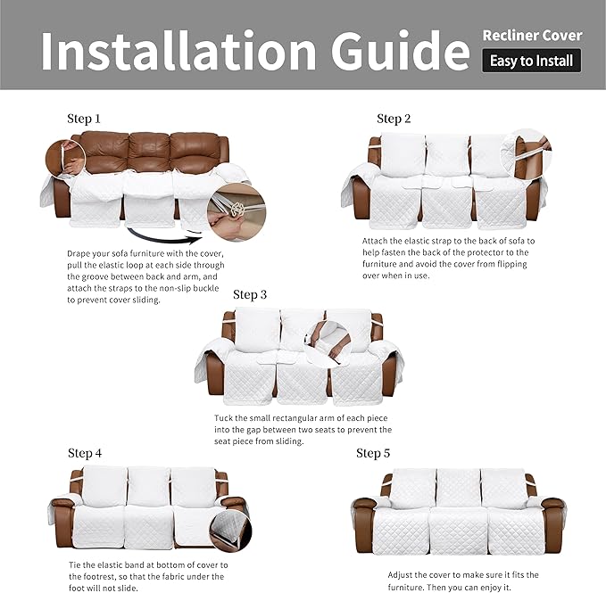 Easy-Going Recliner Sofa Cover, Reversible Couch Cover for 3 Seat Recliner, Split Sofa Cover for Each Seat, Furniture Protector with Elastic Straps for Kids, Dogs, Pets(3 Seater, White/White)