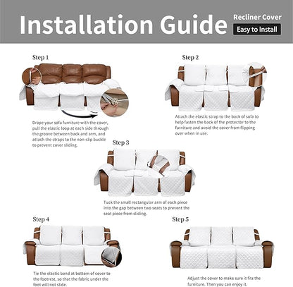 Easy-Going Recliner Sofa Cover, Reversible Couch Cover for 3 Seat Recliner, Split Sofa Cover for Each Seat, Furniture Protector with Elastic Straps for Kids, Dogs, Pets(3 Seater, White/White)