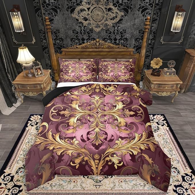 Erosebridal Golden Damask Print Bedding Set King Size for Women Adults, Victorian Flower Vintage Fashion Paisley Quilt Set, Boho Aztec Hippie Chic Comforter Sets, Bohemian Exotic Duvet Insert