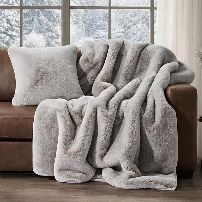 EVERGRACEHOME Luxury Soft Faux Chinchilla Fur Throw Blanket for Couch, Warm Thick Heavy Winter Throw Blanket 1220GSM for Bed, Fluffy Cozy Mink Blanket with Reversible Velvet, Silver Taupe, 60"x80"