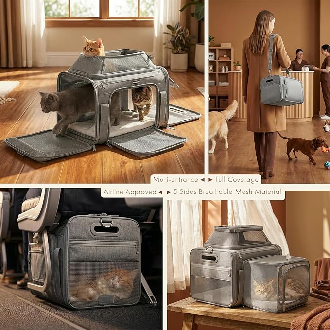Top and Side Expandable Pet Carrier with Treat & Pet Window,18x11x11 Inch Delta American United Airline Approved,Soft-Sided Dog Carrier for Small Dogs and Cats,Travel Cat Carrier with Locking Zippers