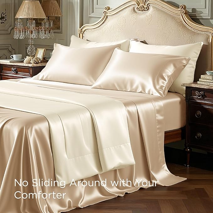 Bedsure Satin Sheets King Size - 4 Piece Silky Bedsheets with Elastic Corner Straps and 15 Inches Deep Pocket Fitted Bedsheet,1 Flat Sheet, 2 Satin Pillowcases, Good for Hair & Skin (King, Champagne)