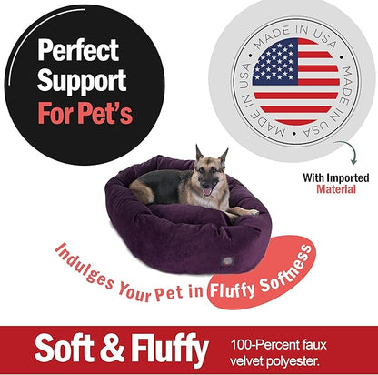 Majestic Pet 52 Inch Micro Velvet Calming Dog Bed Washable – Cozy Soft Round Dog Bed with Spine for Head Support - Fluffy Donut Puppy Mat 52x35x11 (inch) X- Large – Aubergine