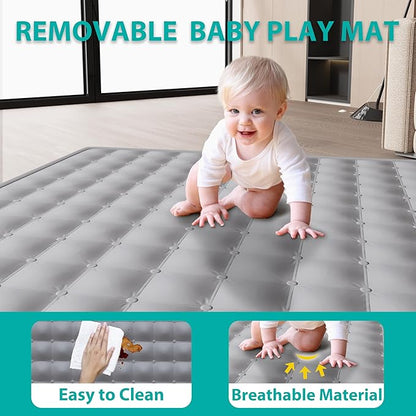 ICAREWAY Foldable Playpen for Babies and Toddlers, 59x71 Inches Portable Playpen, Kids Collapsible Play Pen with 2 Handlers, Indoor & Outdoor Baby Fence Play Area with Visible Mesh, Dark Gray