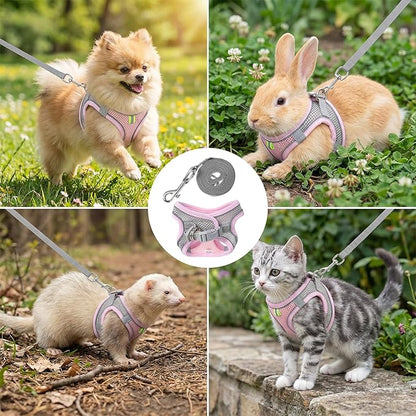 Bunny Harness and Leash Set Breathable Pet Rabbit Harness and Leash Set Soft Rabbit Leashes Reflective Strips Jacket Escape-Proof Walking Gear for Rabbits, Small Kitten, Puppy, Guinea Pigs (Pink,S)