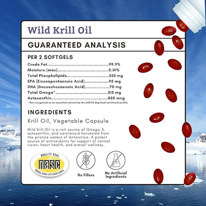 Wholistic Pet Organics Krill Oil for Dogs and Cats - Premium Antioxidant Support for Pets - Cat and Dog Skin and Coat Supplement with EPA, DHA, Astaxanthin - Omega 3 for Dogs and Cats - 60 Soft Gels