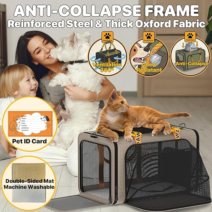 PAWZIDEA Expandable Pet Carrier TSA Airline Approved, 18″×11″×11″ Soft-Sided Top-Load Carriers for Small Dog & 2 Cats Under Seat, Collapsible Puppy & Animal Travel Bag Up to 18lbs, ID Card, Chew-Proof