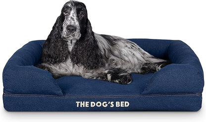The Dog’s Bed Orthopedic Memory Foam Dog Bed with Bolsters for Medium Dogs, Waterproof Washable Cover, Anti-Slip Base, Calming Surface – CertiPUR-Certified Foam, Denim Fabric, Blue Denim, Medium