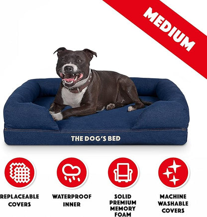 The Dog’s Bed Orthopedic Memory Foam Dog Bed with Bolsters for Medium Dogs, Waterproof Washable Cover, Anti-Slip Base, Calming Surface – CertiPUR-Certified Foam, Denim Fabric, Blue Denim, Medium