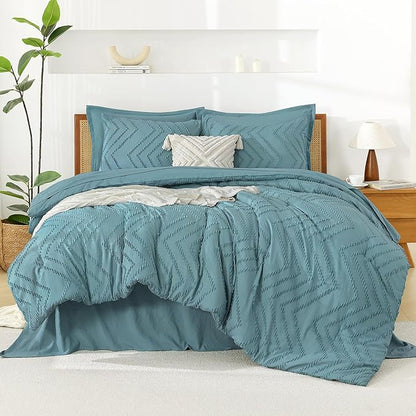 Litanika Grayish Teal California King Size Comforter Set with Sheets - 7 Pieces Bed in a Bag California King Boho Tufted Complete Bedding Sets with Comforter, Sheets, Pillowcases & Shams