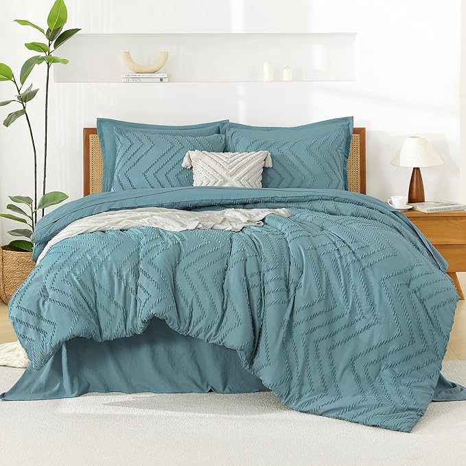Litanika Grayish Teal Full Size Comforter Set with Sheets - 7 Pieces Bed in a Bag Full Boho Tufted Complete Bedding Sets with Comforter, Sheets, Pillowcases & Shams