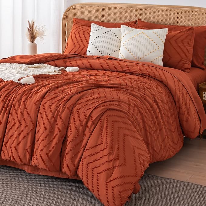 Litanika Full Size Comforter Set with Sheets Burnt Orange - 7 Pieces Bed in a Bag Full Terracotta Boho Tufted Complete Bedding Sets Rust Bed Set with Comforter, Sheets, Pillowcases & Shams