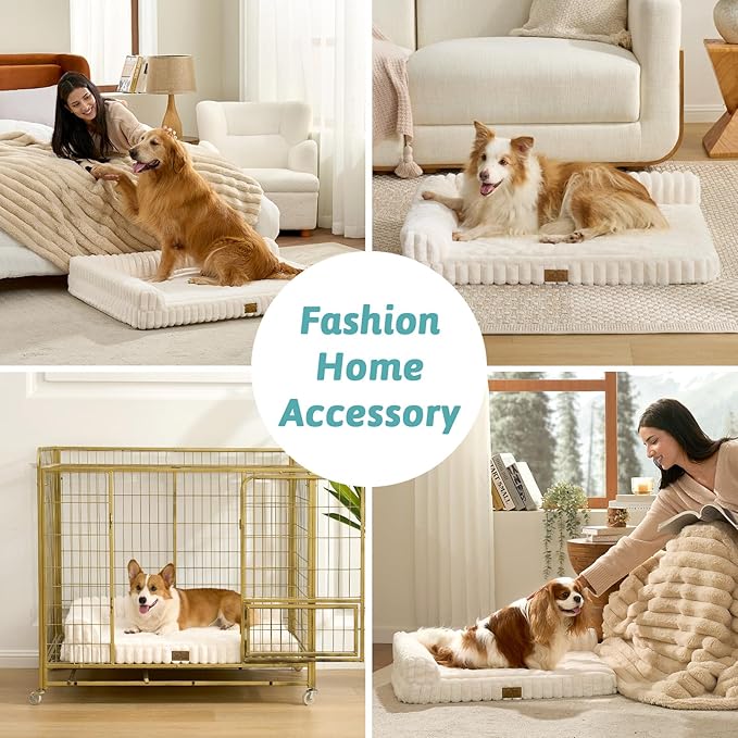 COZY KISS Medium Dog Bed, Faux Rabbit Fur Orthopedic Foam Dog Bed with Sides, Removable Washable Cover & Waterproof Lining, Comfortable Pet Couch for Medium Dogs, Cream (36" L x 27" W x 6.5" Th)
