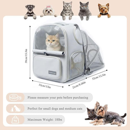 Cat Backpack Carrier Expandable, Breathable Mesh & Lockable Zippers & Shaded Curtains & Multi-Entry, Pet Backpack for Kitty Puppy Small Dogs Up to 18lbs for Travel, Hiking, Car, Vet(Light Grey)