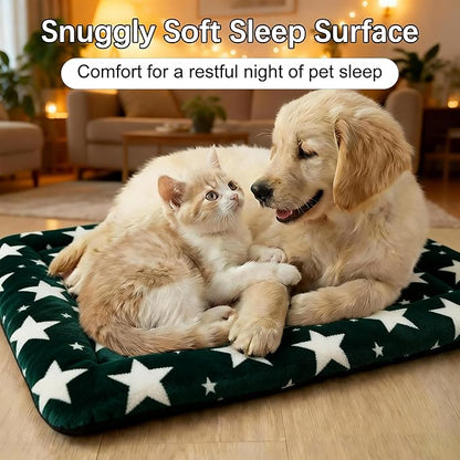 Dog Bed Mat – Soft & Comfortable Dog Kennel Pad for Crate – Durable Crate Bed & Mat for Dogs & Cats – Ideal for Crate, Kennel, and Home Use (Big&Little Stars Green, M(30"*20"*1.5"))