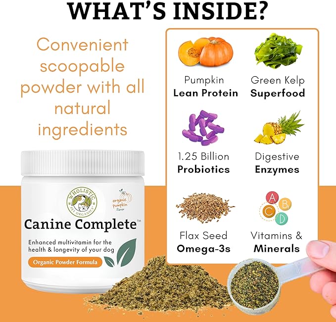 Wholistic Pet Organics Canine Complete - Dog Multivitamin Powder - 2 Lb - Daily Dog Vitamins and Supplements for Homemade Food - Immune System, Skin, Coat & Overall Health - All Breeds - 90 Scoops