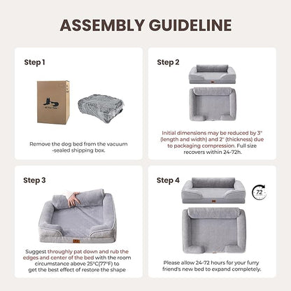 Orthopedic Dog Beds for Large Sized Dogs, Waterproof Egg-Crate Foam Pet Couch Bed with Soft Side, Non-Slip Dog Sofa with Flannel Removable Washable Cover, 35"L Supportive Pet Sofa, Light Grey