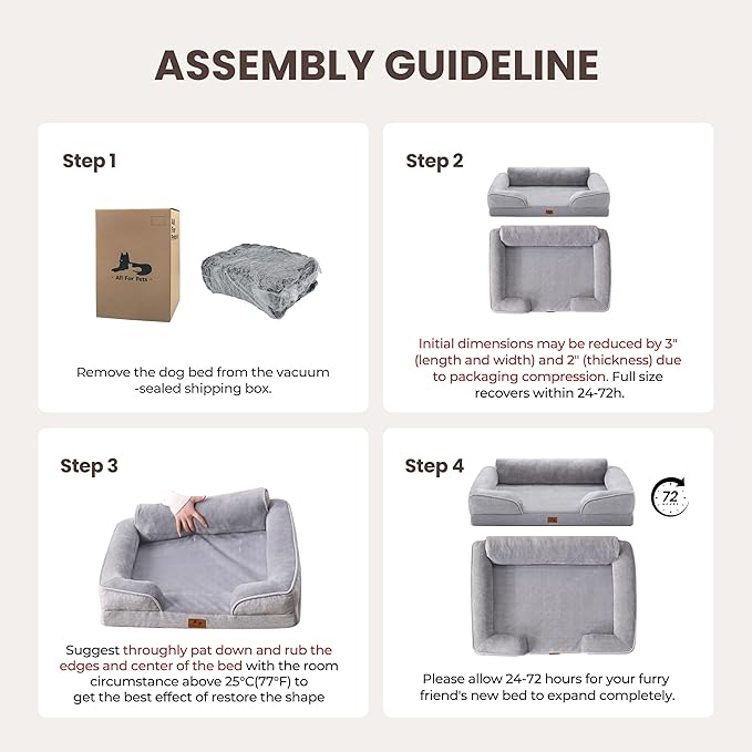 Orthopedic Dog Beds for Large Dogs, Waterproof XL Pet Couch Bed with Soft Sides, Washable Dog Sofa with Flannel Removable Cover, 42" L Supportive Egg-Crate Foam Pet Sofa, Light Grey
