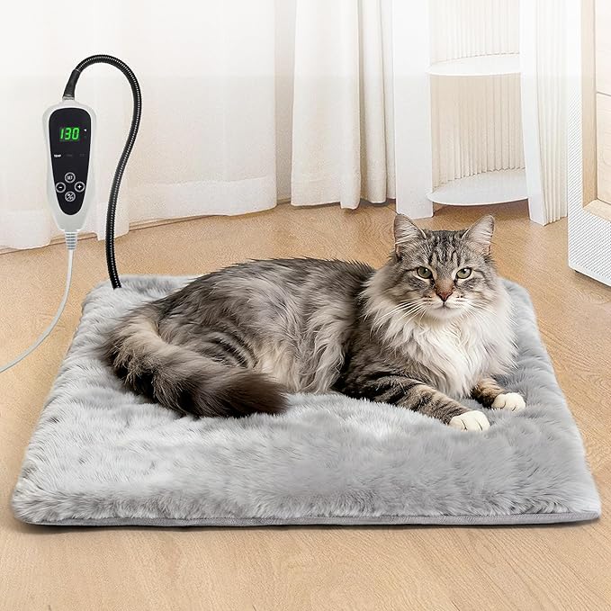 GOLOPET Cat Heating Pad 19x18 in with Smart Thermostat Switch and Power Line Protection Tube,Obtained MET and UL Dual Certification,Waterproof Pet Heating Pad for Cats, Long Velvet Cloth Cover