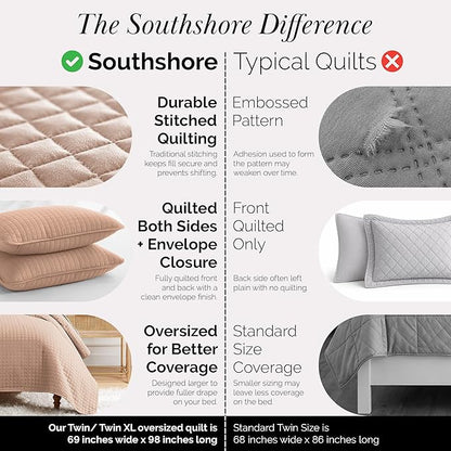 Southshore Fine Living, Inc. Twin Quilt Bedding Set, Stitched Soft Brushed Microfiber Blush Pink Quilt, Twin Coverlet Bedspread, Wrinkle & Pet Hair Resistant Bedding, Easy Care, 1 Pillow Sham, Blush