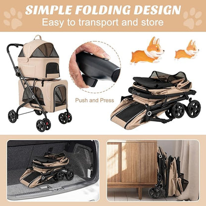 PETSITE Double Dog Stroller, Foldable 3-in-1 4 Wheels Cat Stroller with 2 Detachable Carriers, Safety Belt, Washable Cover, Removable Pads for Small Medium Dogs Cats (Beige)
